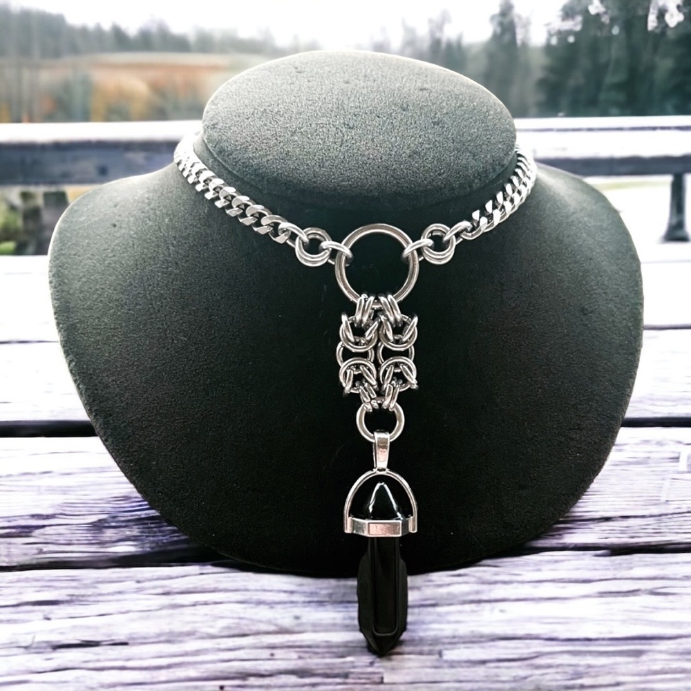 Handmade maille necklace with black obsidian bullet charm boho celtic goth
